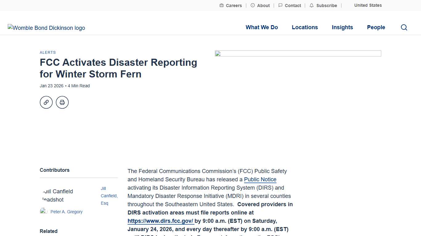 FCC Activates Disaster Reporting for Winter Storm Fern Womble Bond Dickinson